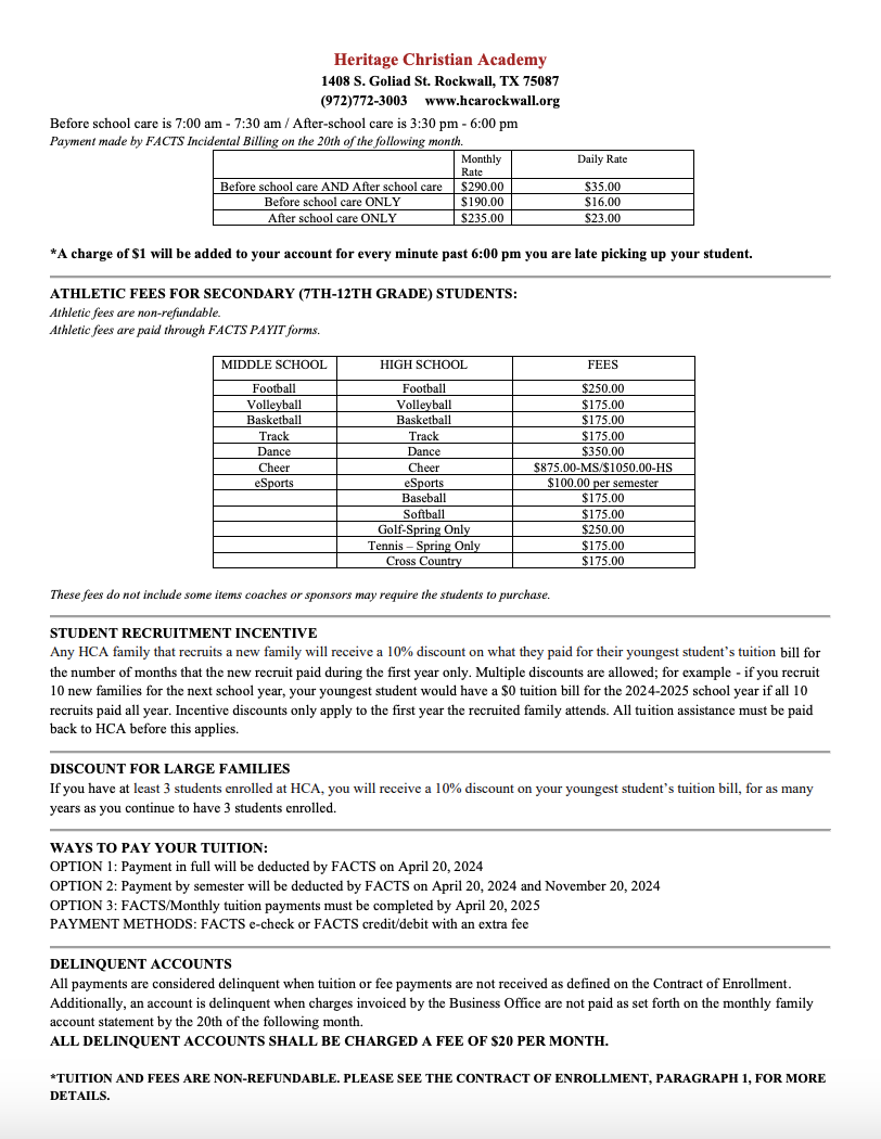 20242025 Tuition and Fees Heritage Christian Academy